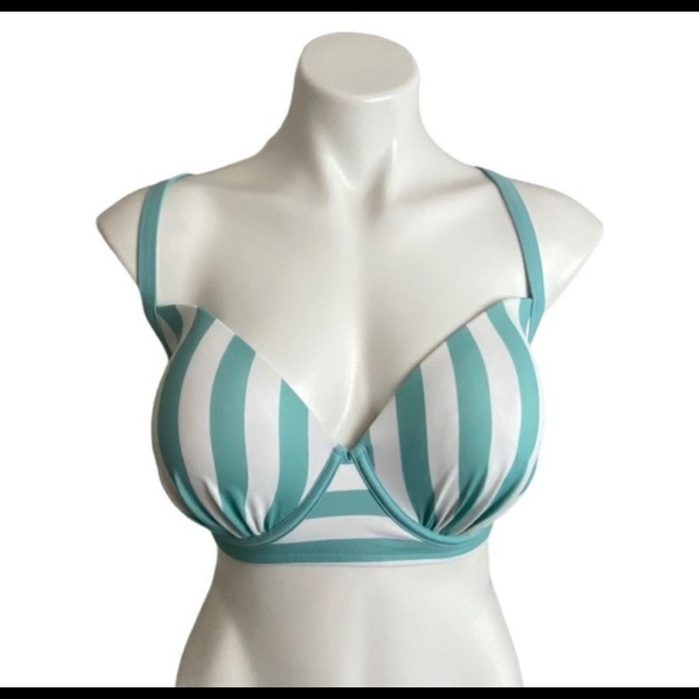 Striped Aqua and White Underwire Swim Top - Women Swim
